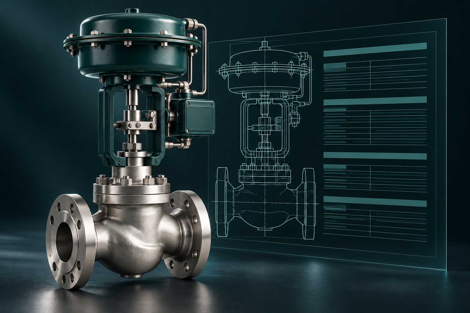 Conceptual close-up of a control valve, showing an industrial component alongside engineering linework.