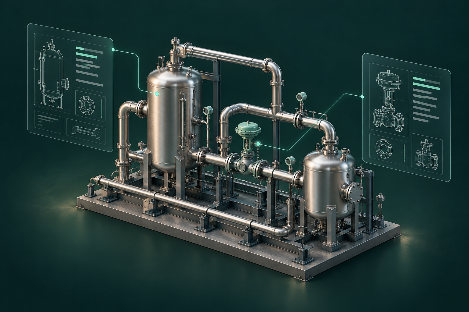 Conceptual illustration of an industrial plant model connected to structured component data.